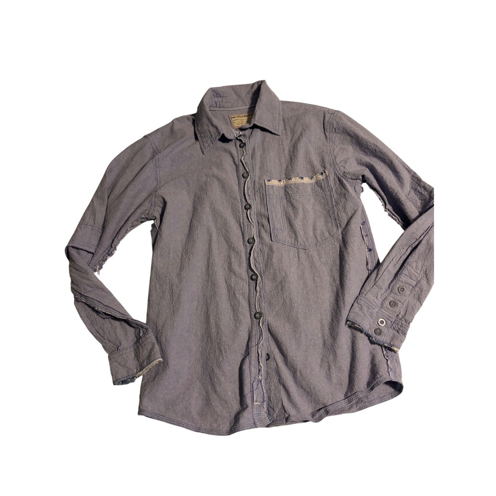 We The Free Womens Distressed Cotton Button Down Shirt Periwinkle Purple Small